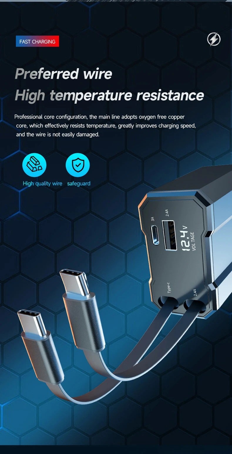 Bluejw High-Speed 4-in-1 USB Car Charger - 30W Fast Charging Automobile Charger with Wired Car Cigarette Lighter Adapter for Phones & Devices - Metal Design - Image 3